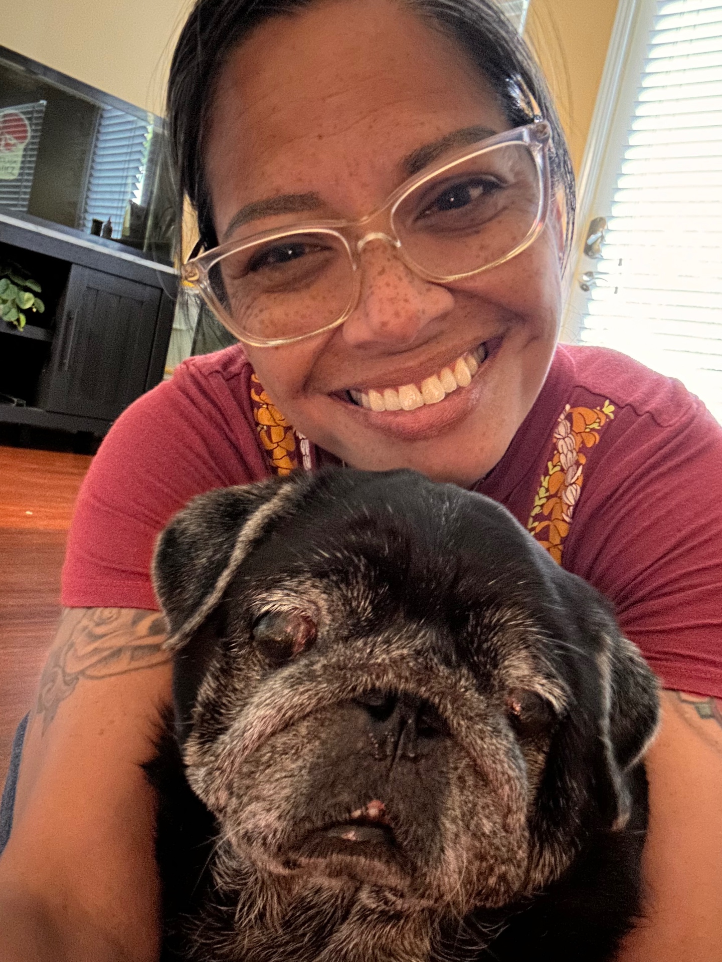 Smiling with a senior black pug