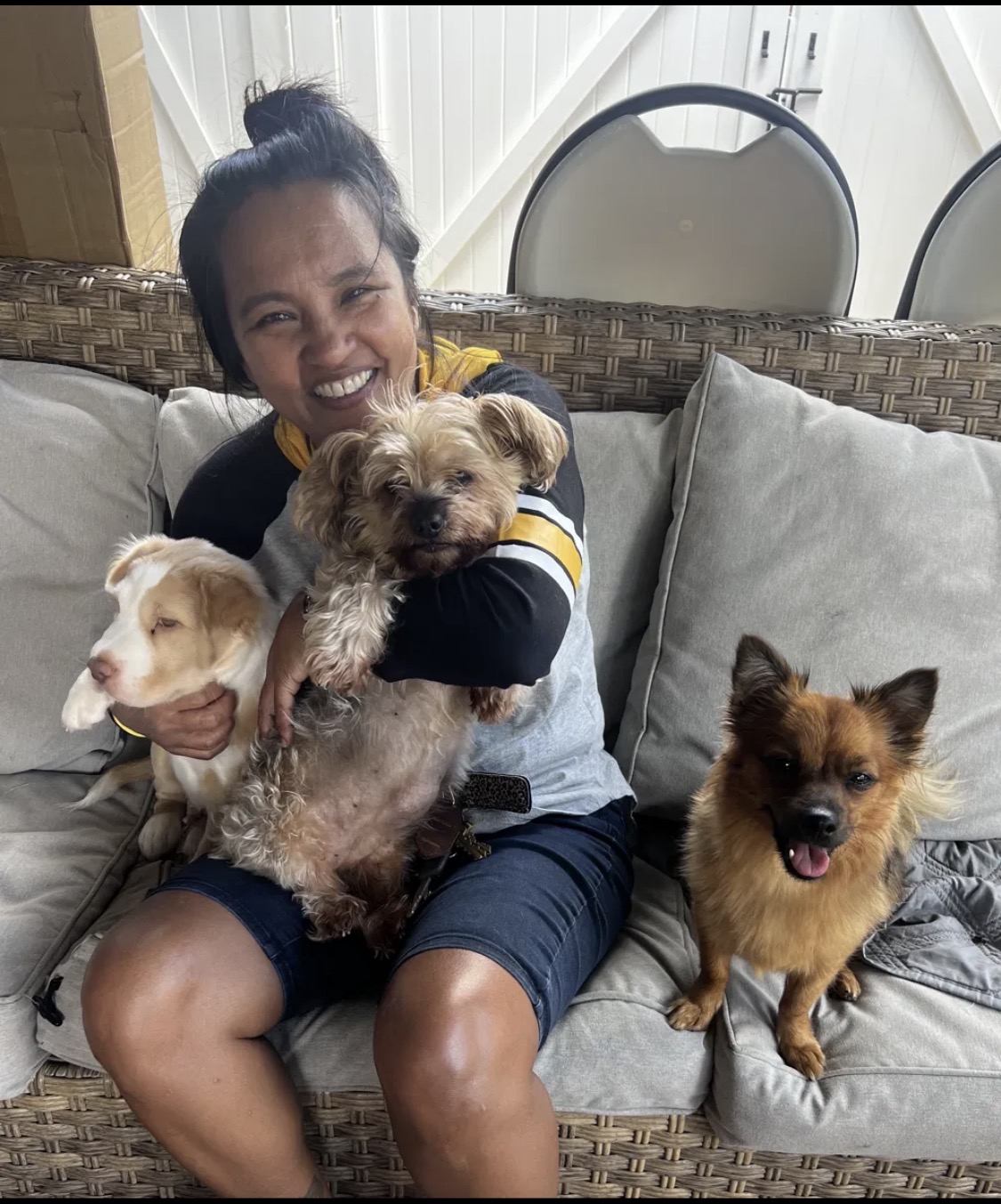Sitting on a couch with three dogs